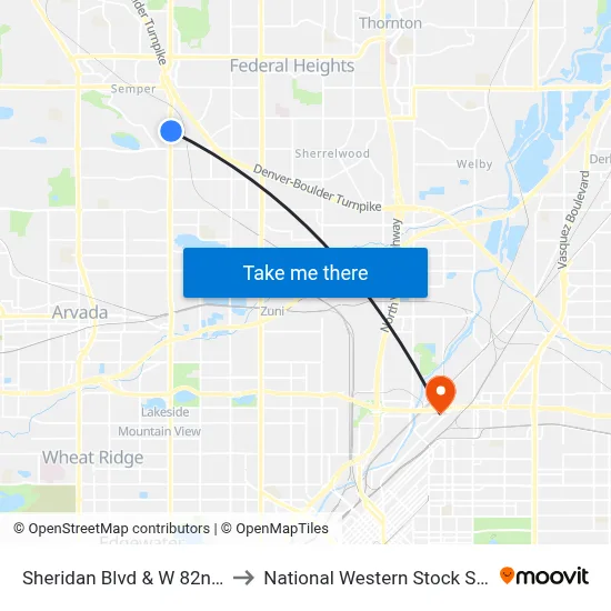 Sheridan Blvd & W 82nd Pl to National Western Stock Show map