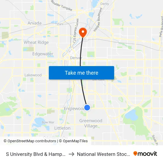 S University Blvd & Hampden Ave to National Western Stock Show map