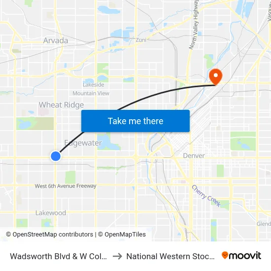 Wadsworth Blvd & W Colfax Ave to National Western Stock Show map