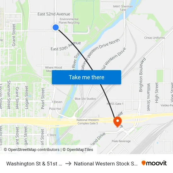 Washington St & 51st Ave to National Western Stock Show map