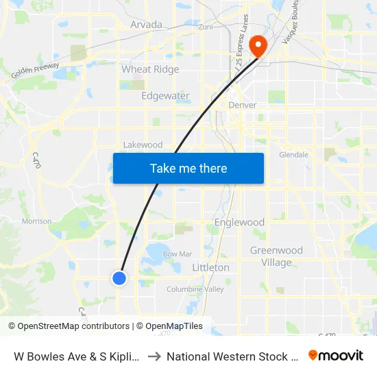 W Bowles Ave & S Kipling St to National Western Stock Show map