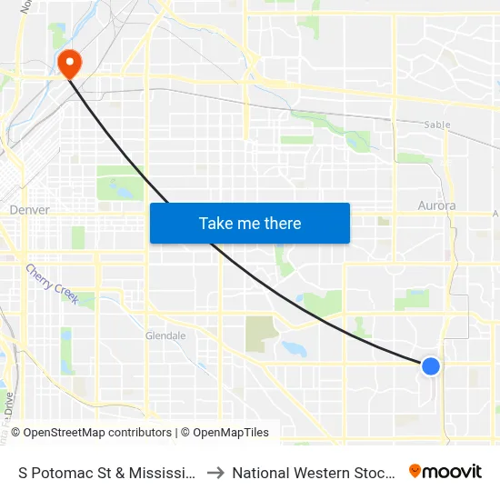 S Potomac St & Mississippi Ave to National Western Stock Show map