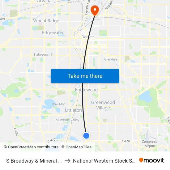 S Broadway & Mineral Ave to National Western Stock Show map