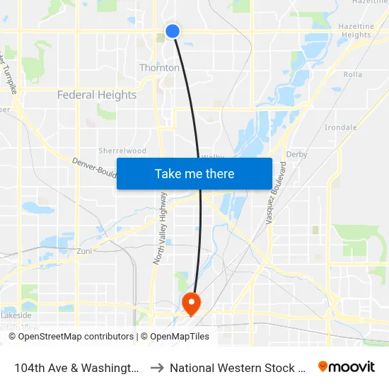 104th Ave & Washington St to National Western Stock Show map