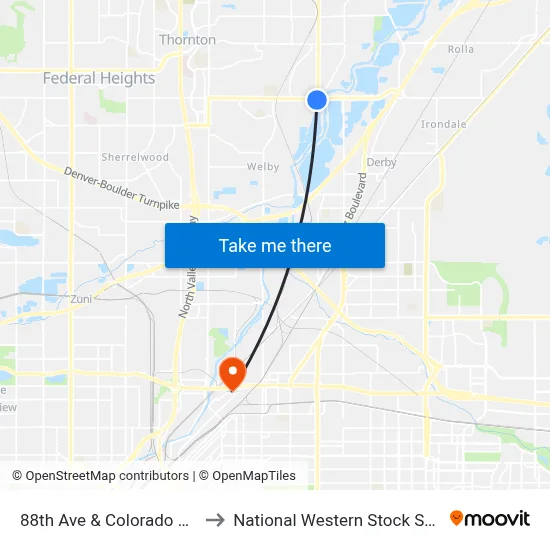 88th Ave & Colorado Blvd to National Western Stock Show map