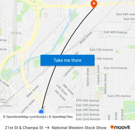 21st St & Champa St to National Western Stock Show map
