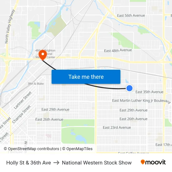 Holly St & 36th Ave to National Western Stock Show map
