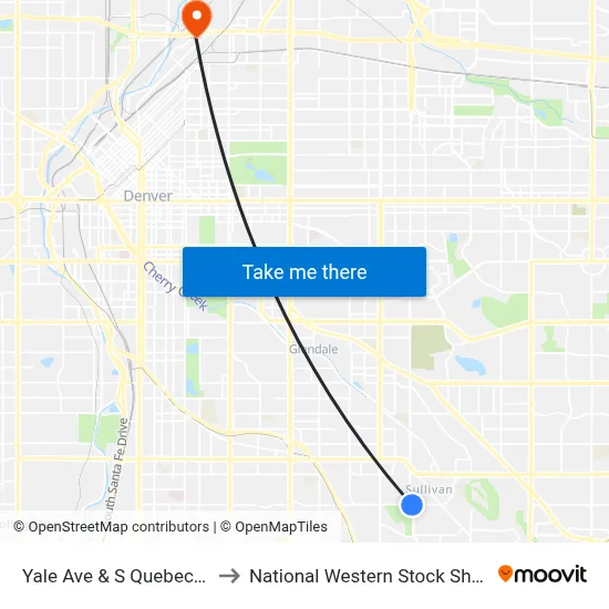 Yale Ave & S Quebec St to National Western Stock Show map