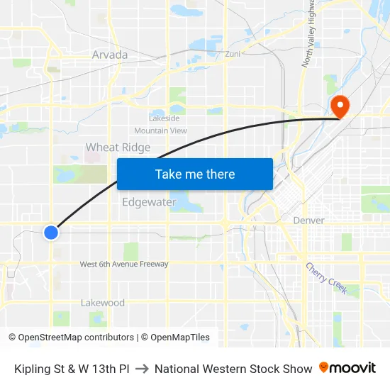 Kipling St & W 13th Pl to National Western Stock Show map