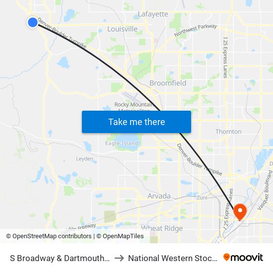 S Broadway & Dartmouth Ave Sb to National Western Stock Show map