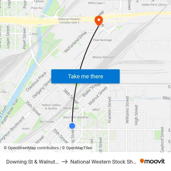 Downing St & Walnut St to National Western Stock Show map
