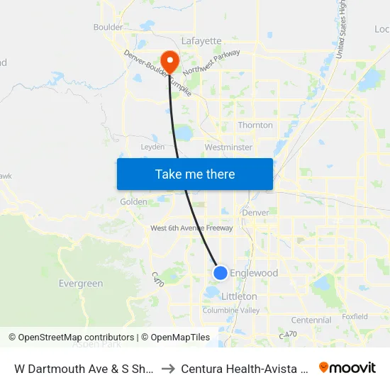 W Dartmouth Ave & S Sheridan Blvd Farside to Centura Health-Avista Adventist Hospital map