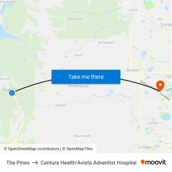 The Pines to Centura Health-Avista Adventist Hospital map