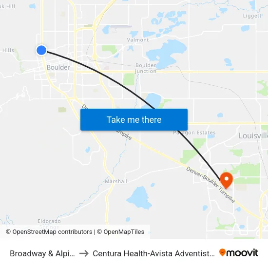 Broadway & Alpine Sb to Centura Health-Avista Adventist Hospital map