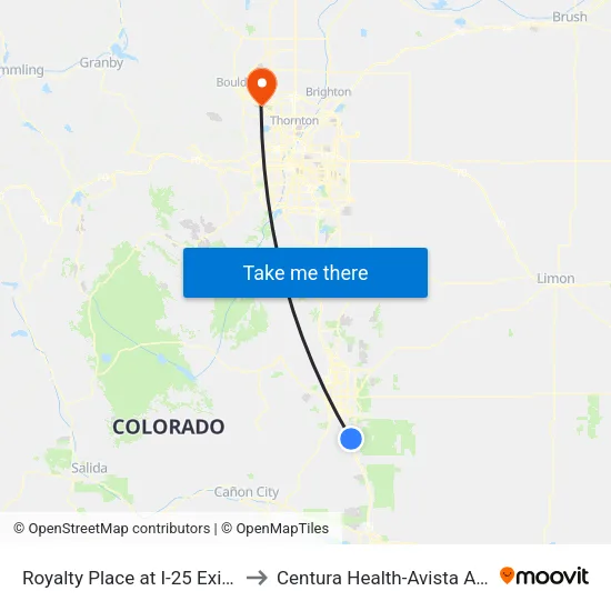 Royalty Place at I-25 Exit 128 Park & Ride to Centura Health-Avista Adventist Hospital map