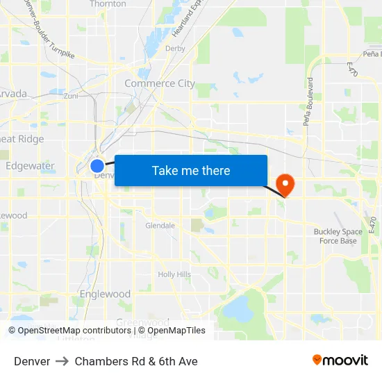 Denver to Chambers Rd & 6th Ave map