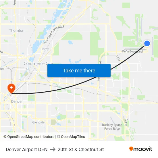 Denver Airport DEN to 20th St & Chestnut St map