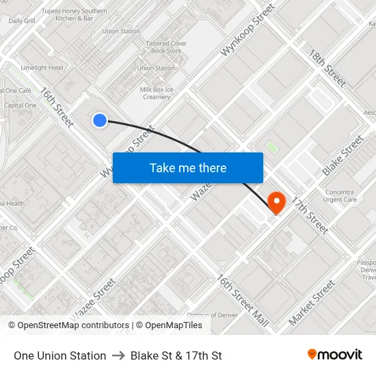 One Union Station to Blake St & 17th St map