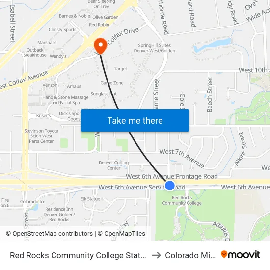Red Rocks Community College Station to Colorado Mills map