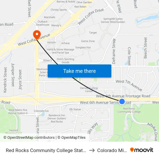 Red Rocks Community College Station to Colorado Mills map