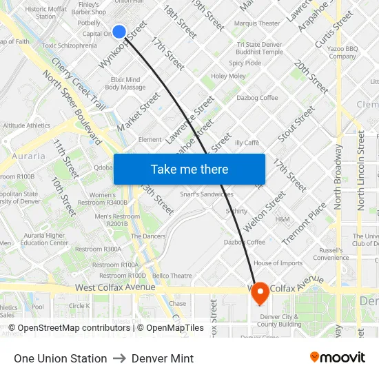 One Union Station to Denver Mint map