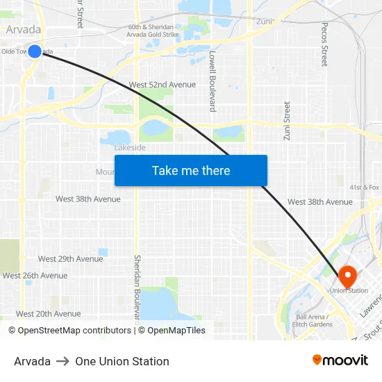 Arvada to One Union Station map