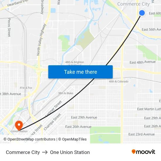 Commerce City to One Union Station map