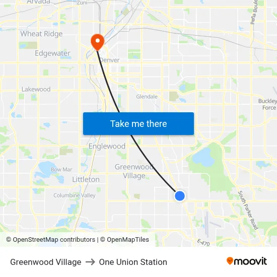 Greenwood Village to One Union Station map