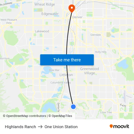 Highlands Ranch to One Union Station map