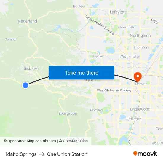 Idaho Springs to One Union Station map