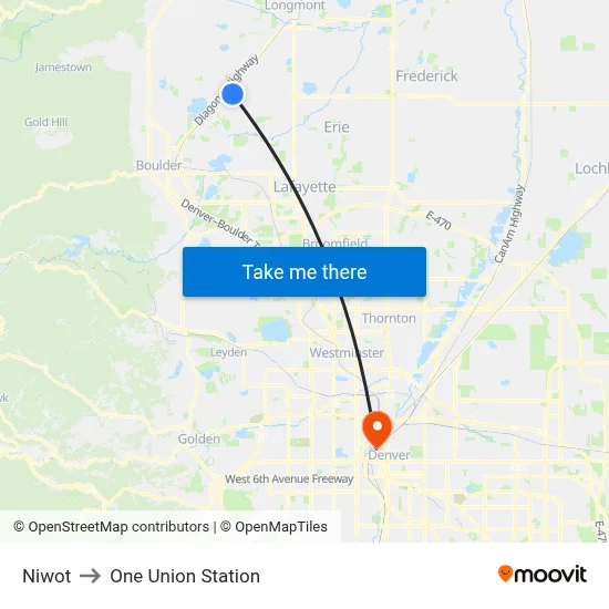 Niwot to One Union Station map