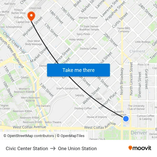 Civic Center Station to One Union Station map