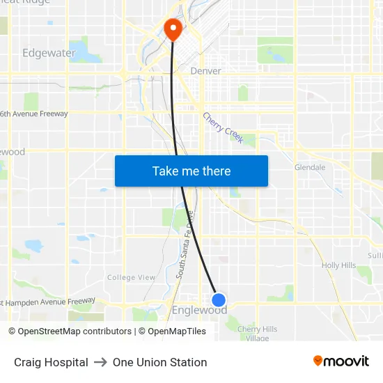 Craig Hospital to One Union Station map