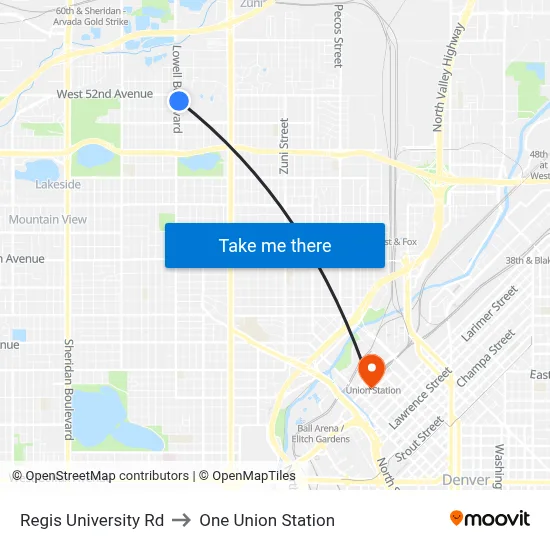 Regis University Rd to One Union Station map