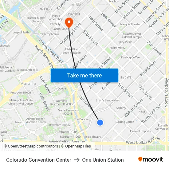 Colorado Convention Center to One Union Station map