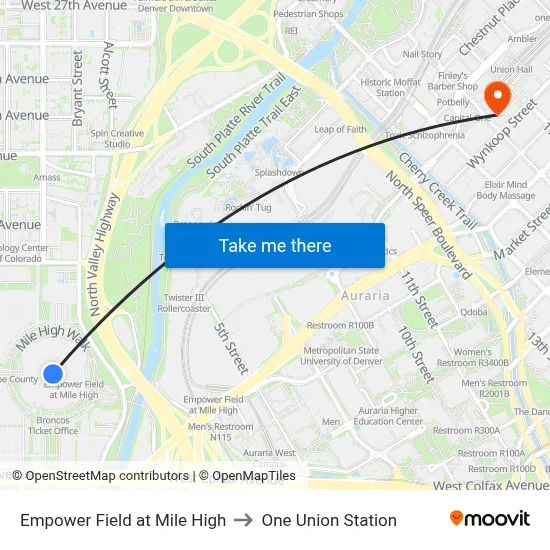 Empower Field at Mile High to One Union Station map