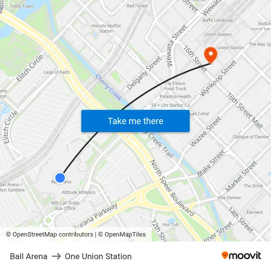 Ball Arena to One Union Station map