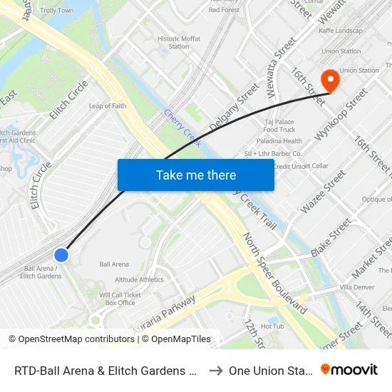 RTD-Ball Arena & Elitch Gardens Station to One Union Station map
