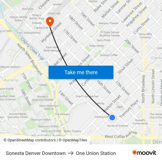 Sonesta Denver Downtown to One Union Station map