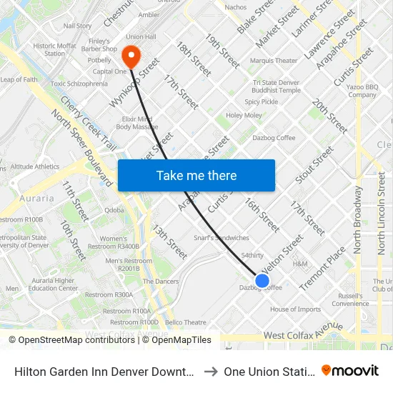 Hilton Garden Inn Denver Downtown to One Union Station map