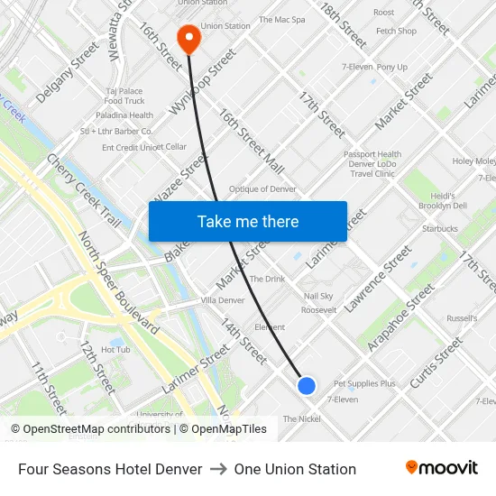 Four Seasons Hotel Denver to One Union Station map