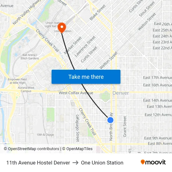 11th Avenue Hostel Denver to One Union Station map
