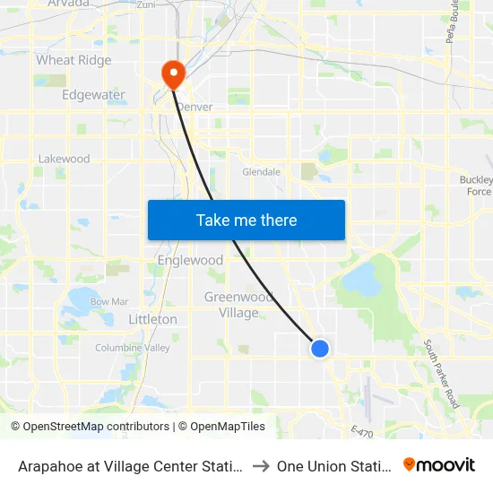 Arapahoe at Village Center Station to One Union Station map