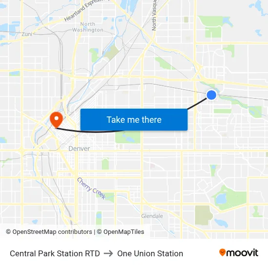 Central Park Station RTD to One Union Station map