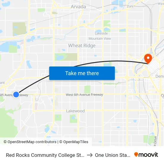 Red Rocks Community College Station to One Union Station map