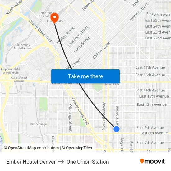 Ember Hostel Denver to One Union Station map