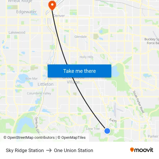 Sky Ridge Station to One Union Station map