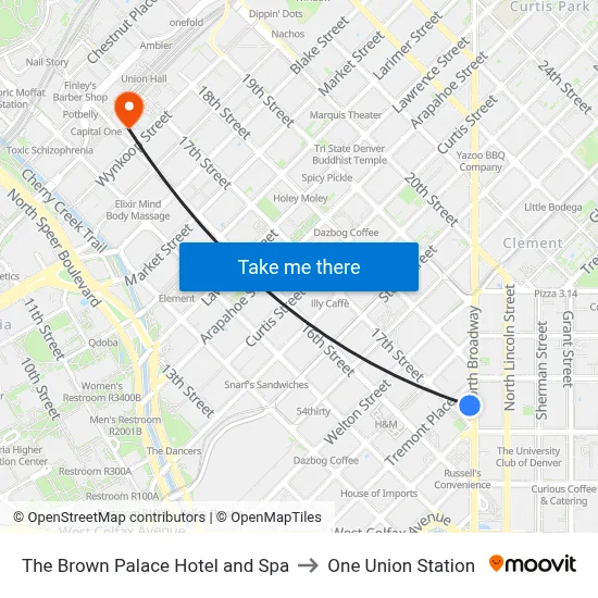 The Brown Palace Hotel and Spa to One Union Station map
