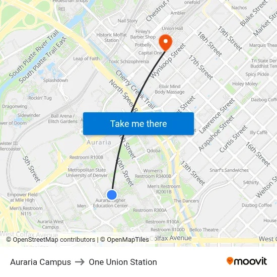 Auraria Campus to One Union Station map