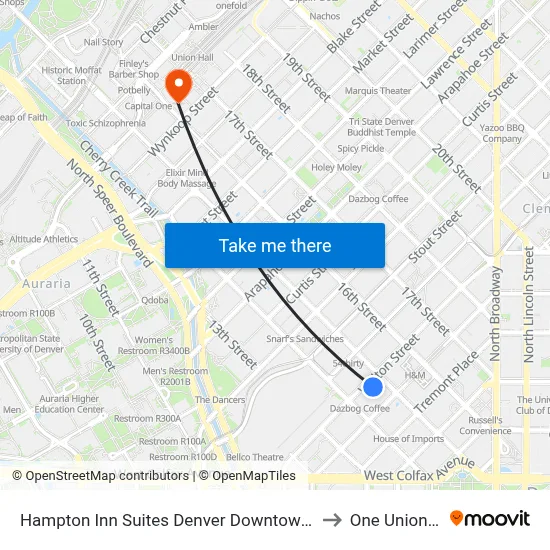 Hampton Inn Suites Denver Downtown Convention Center to One Union Station map